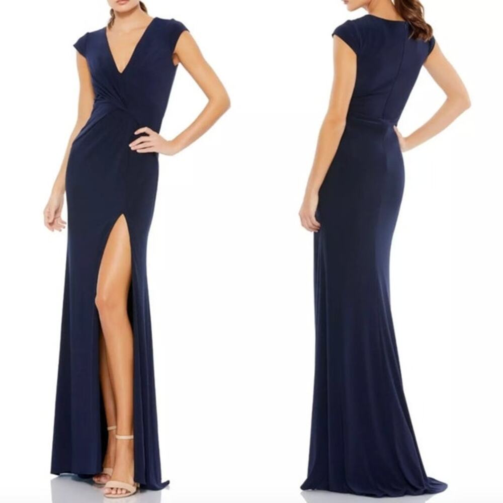 MAC DUGGAL Dress Size 14 Evening Gown Navy Blue Stretch Jersey Cap Sleeve V Neck